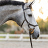 A grey horse wearing a black Micklem style ergonomic bridle with rubber reins, standing outdoors.